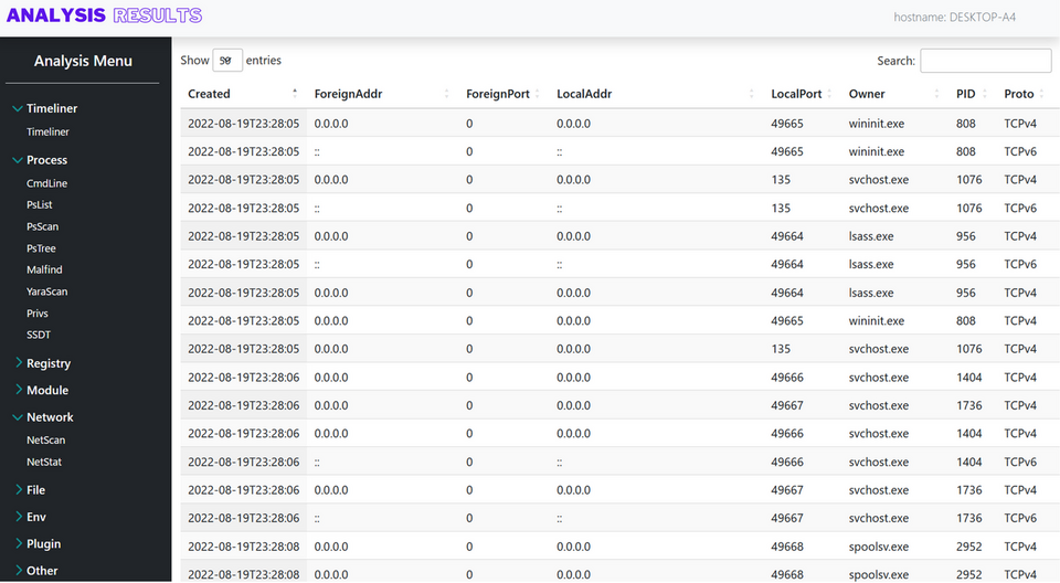 Memory forensics analysis result screen